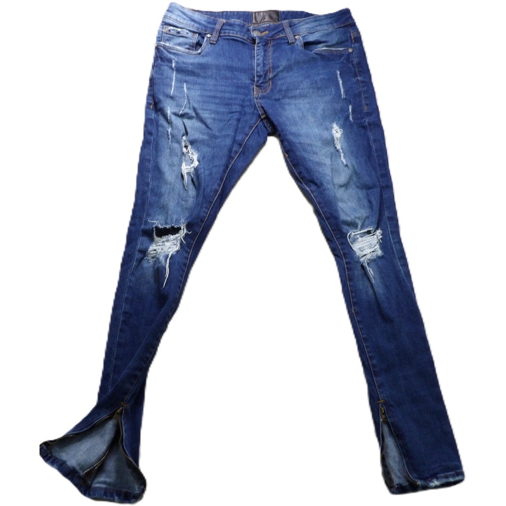 YoungLA Distressed Ankle Zipper Skinny Denim Jeans Stretch Men 32x30 Blue Ripped
